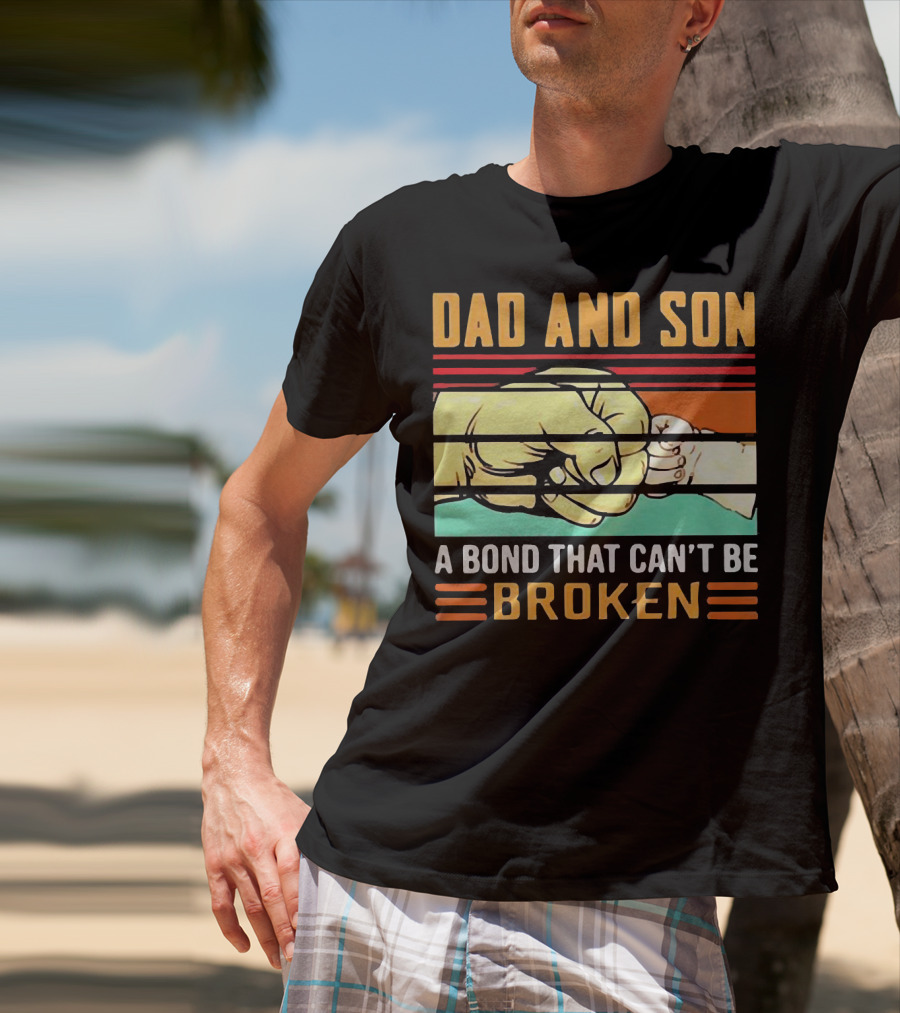 Dad And Son A Bond That Can't Be Broken Fist Bump Retro Stripes T-Shirt