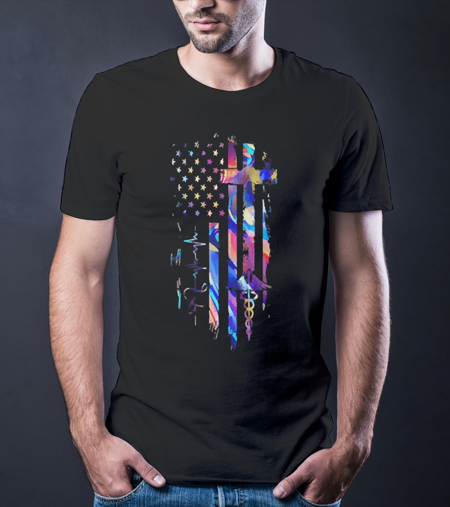 Stethoscope Heartbeat Nurse God Colorful Cross America Flag T-Shirt