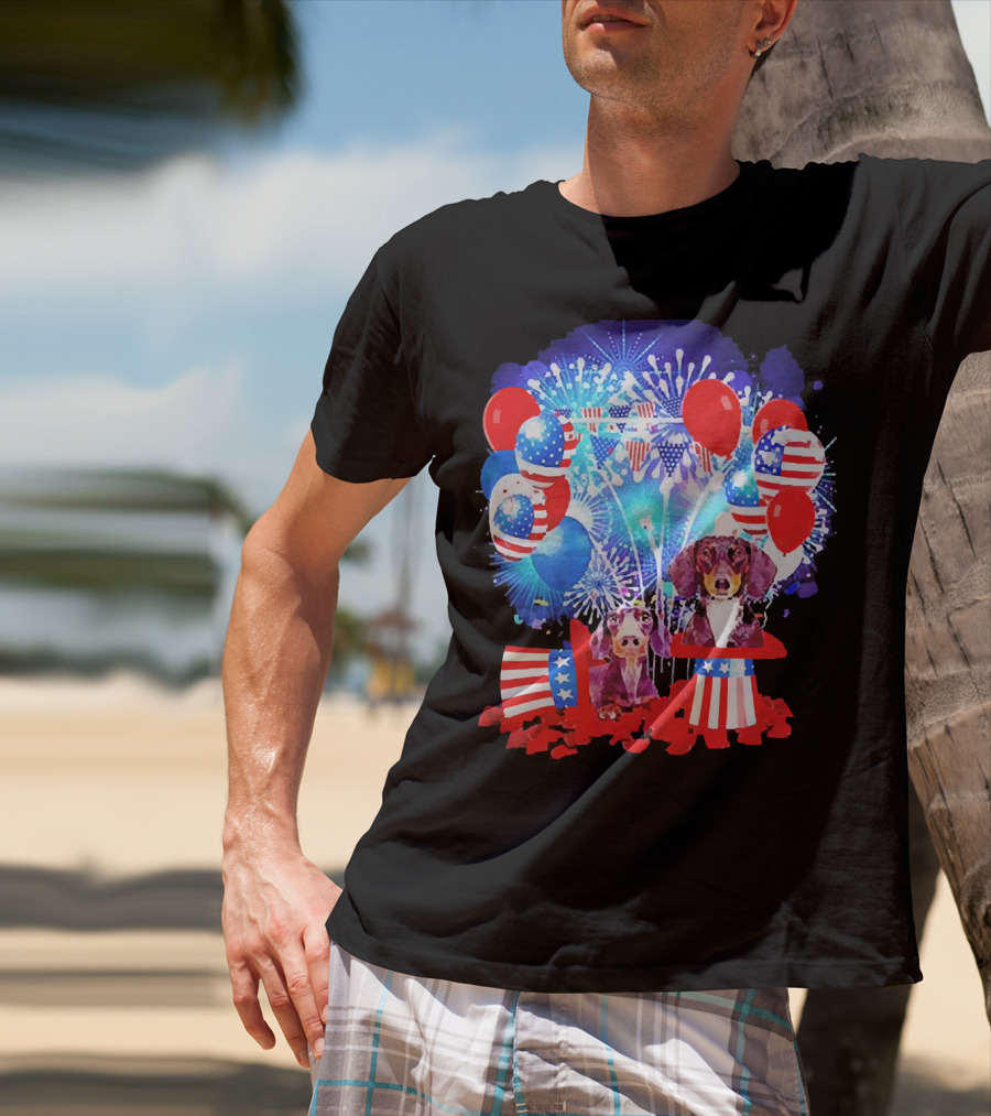 Dachshund American Flag Fireworks Balloons Independence Day T-Shirt