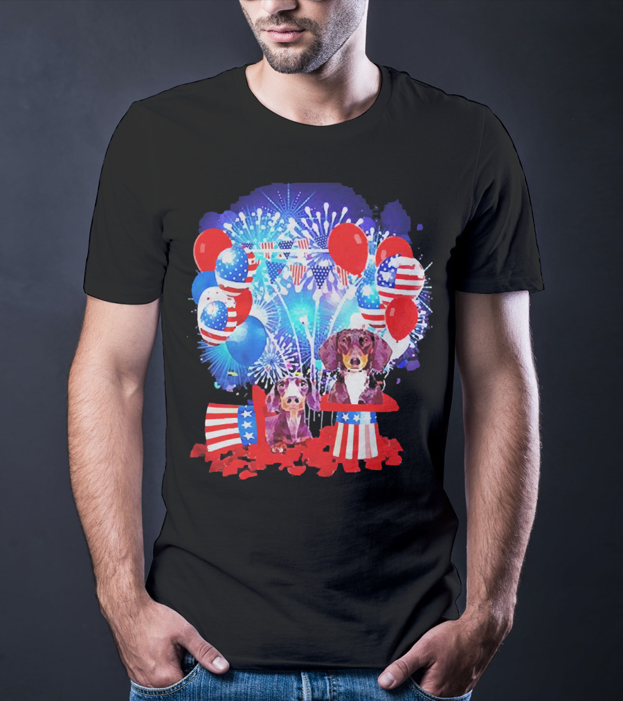 Dachshund American Flag Fireworks Balloons Independence Day T-Shirt