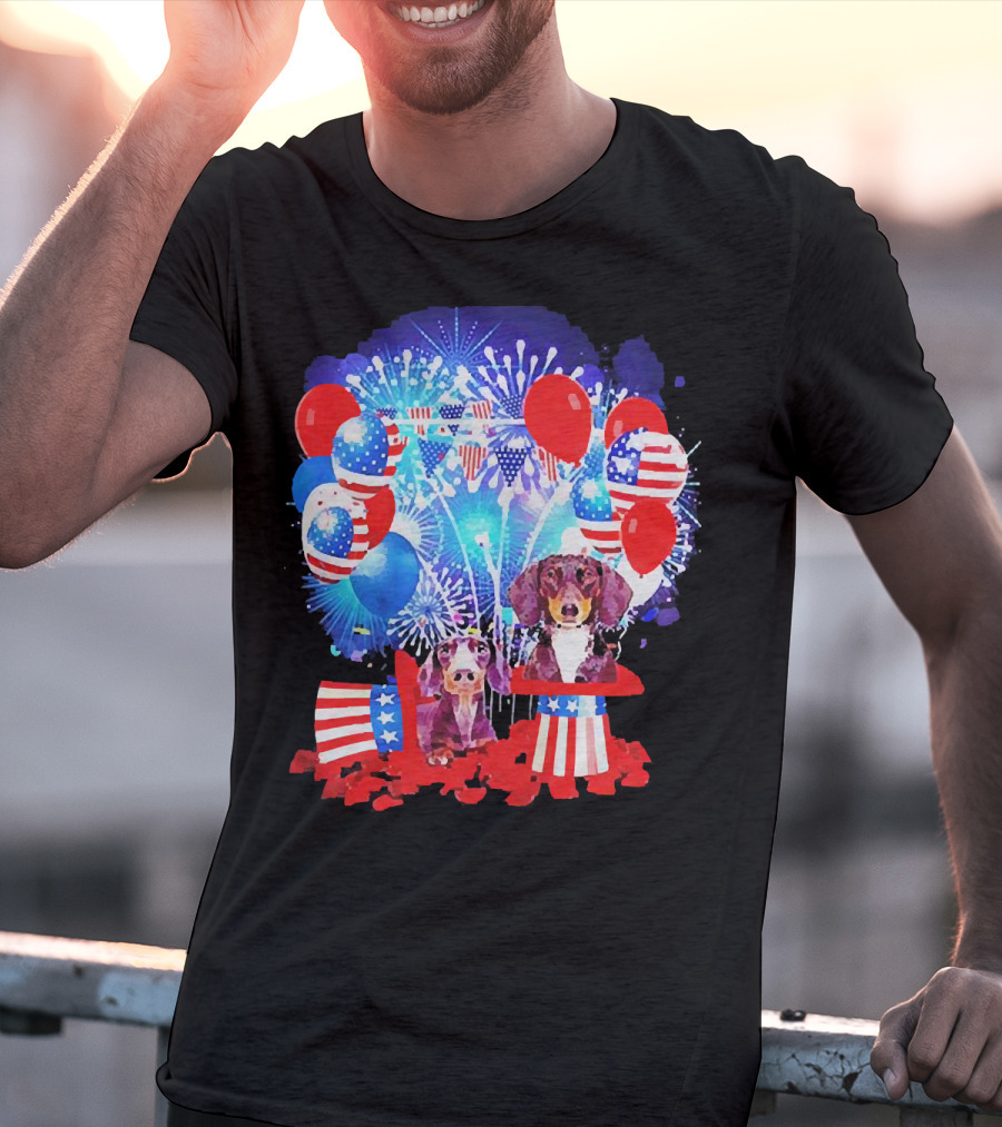 Dachshund American Flag Fireworks Balloons Independence Day T-Shirt