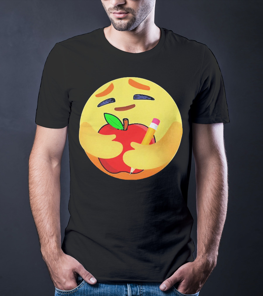 Teacher Care Emoji Hugging Apple And Pencil T-Shirt
