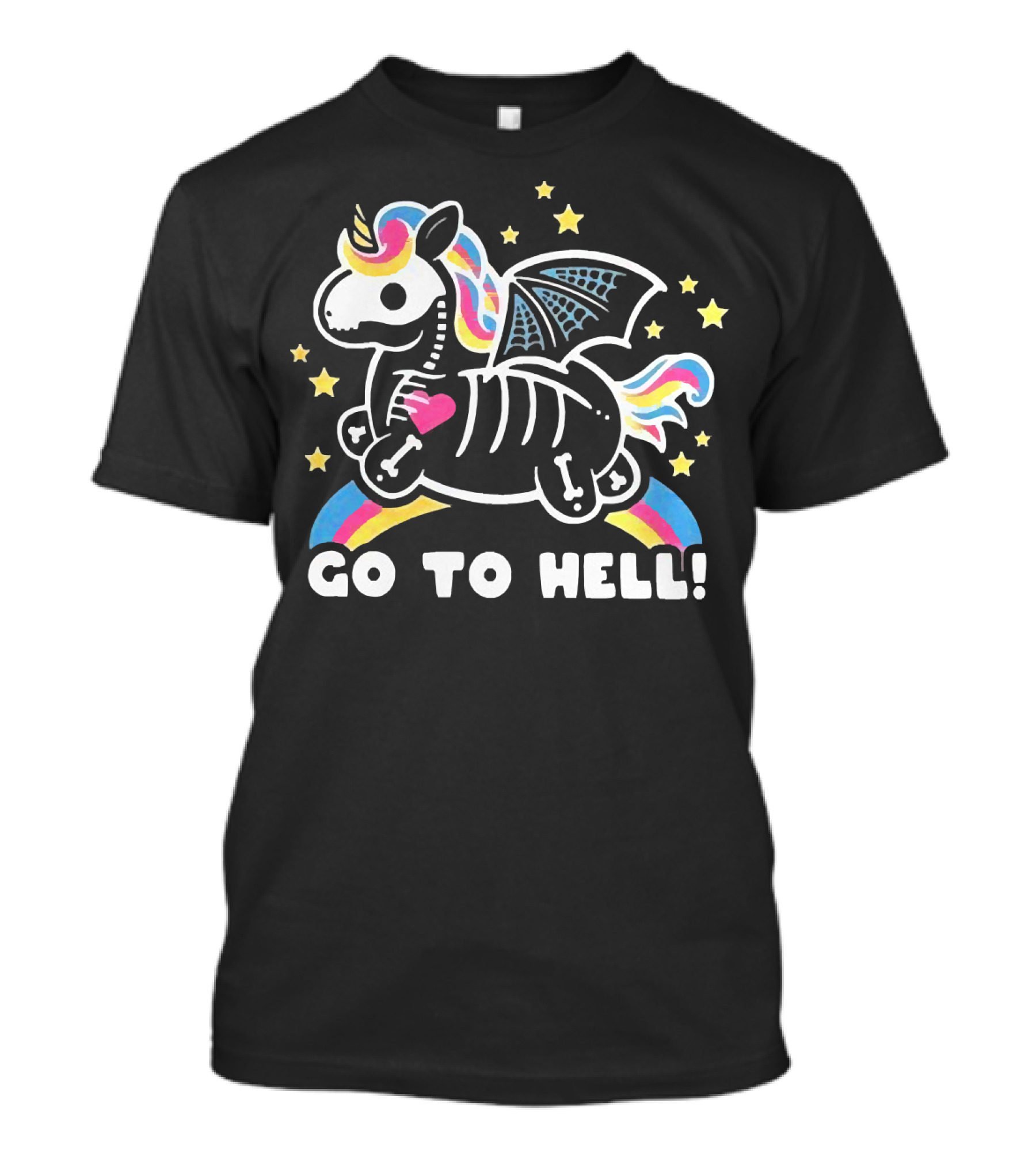 Unicorn Go To Hell Colorful Skeleton Bat Wings Rainbow Stars T-Shirt