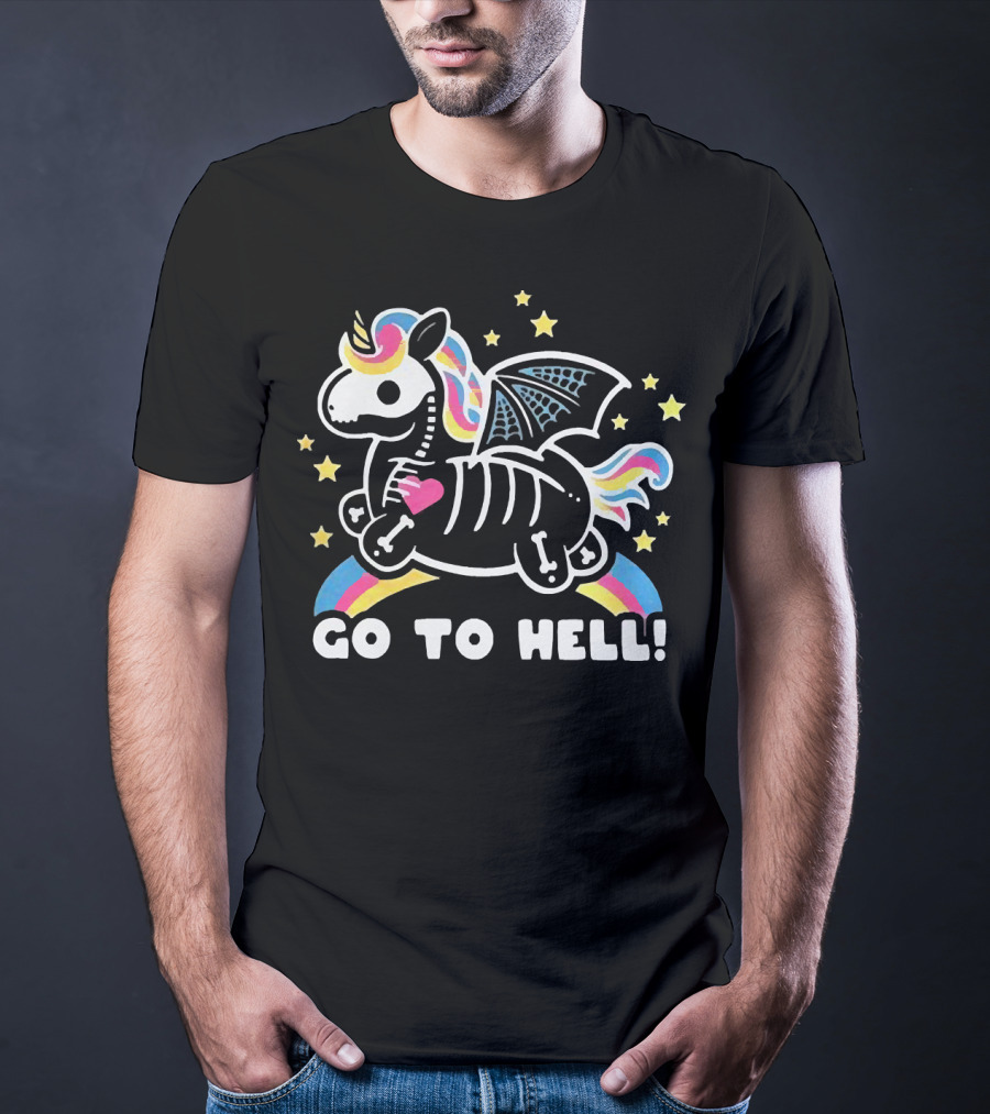 Unicorn Go To Hell Colorful Skeleton Bat Wings Rainbow Stars T-Shirt