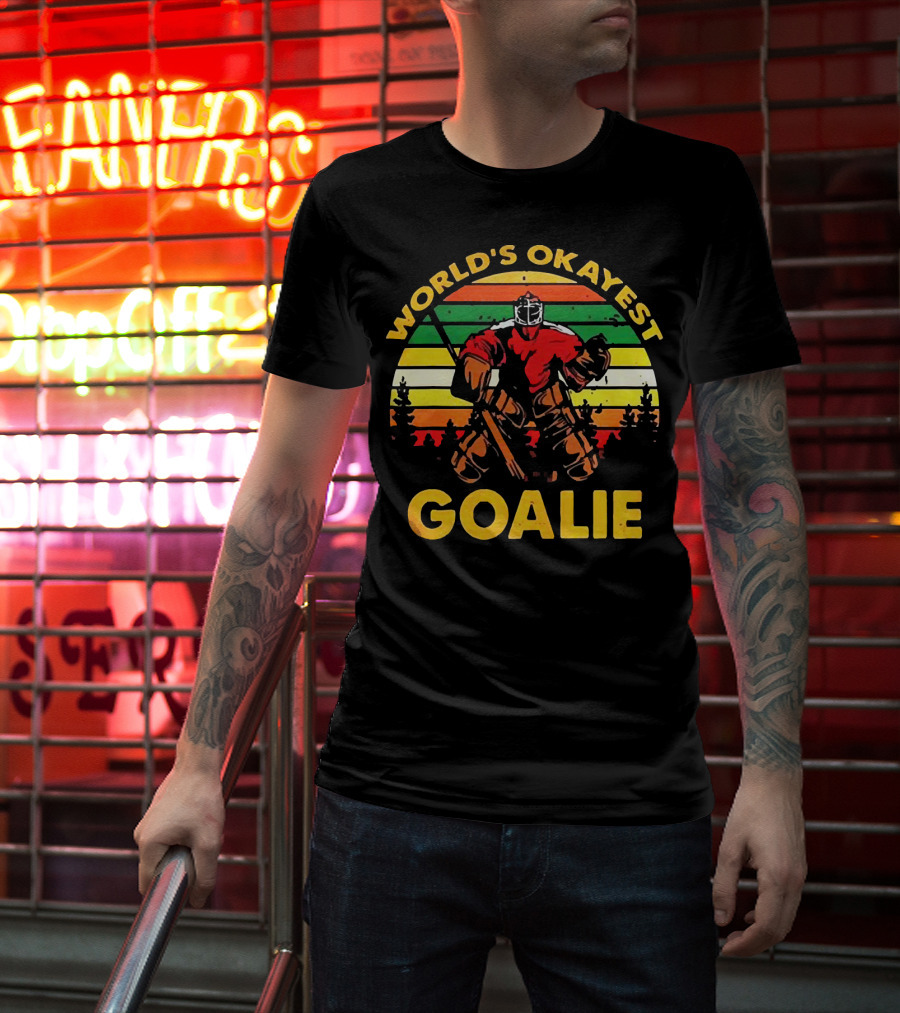 World's Okayest Goalie Vintage Hockey Retro Stripes T-Shirt