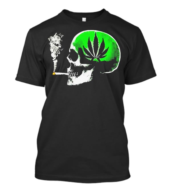 Weed Leaves Skull Smoking Joint Green Marijuana T-Shirt