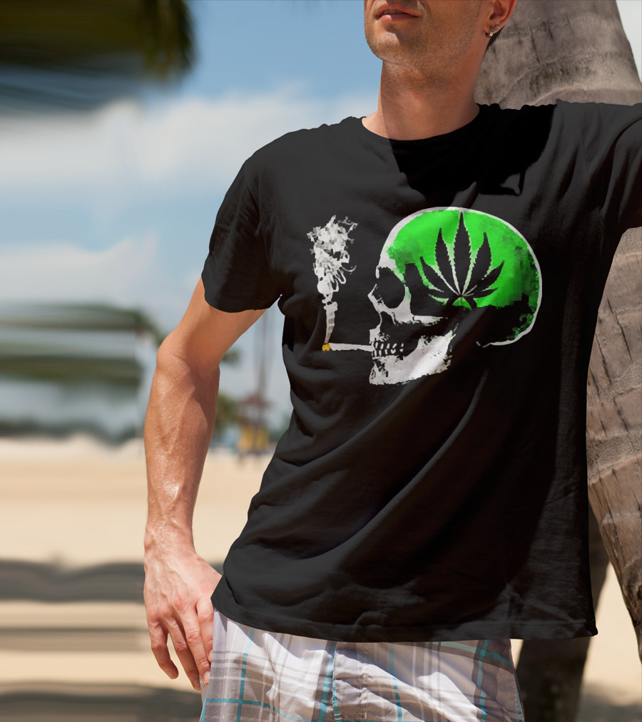 Weed Leaves Skull Smoking Joint Green Marijuana T-Shirt