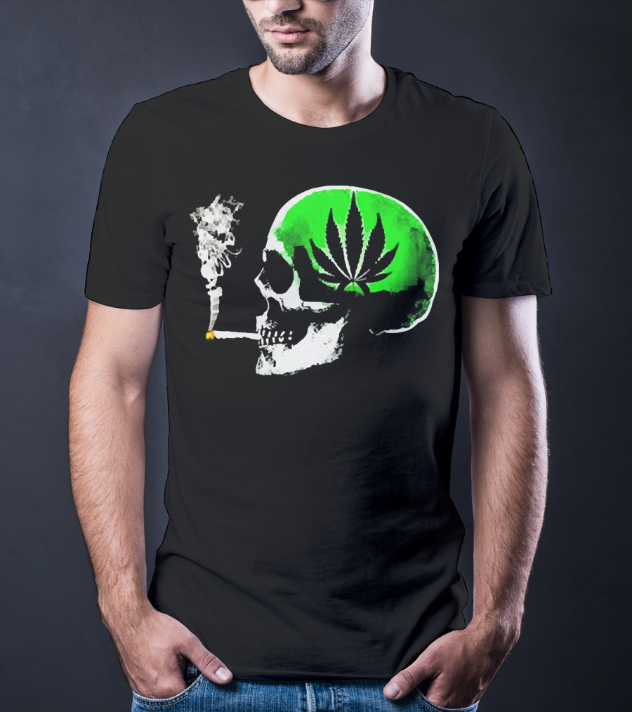 Weed Leaves Skull Smoking Joint Green Marijuana T-Shirt