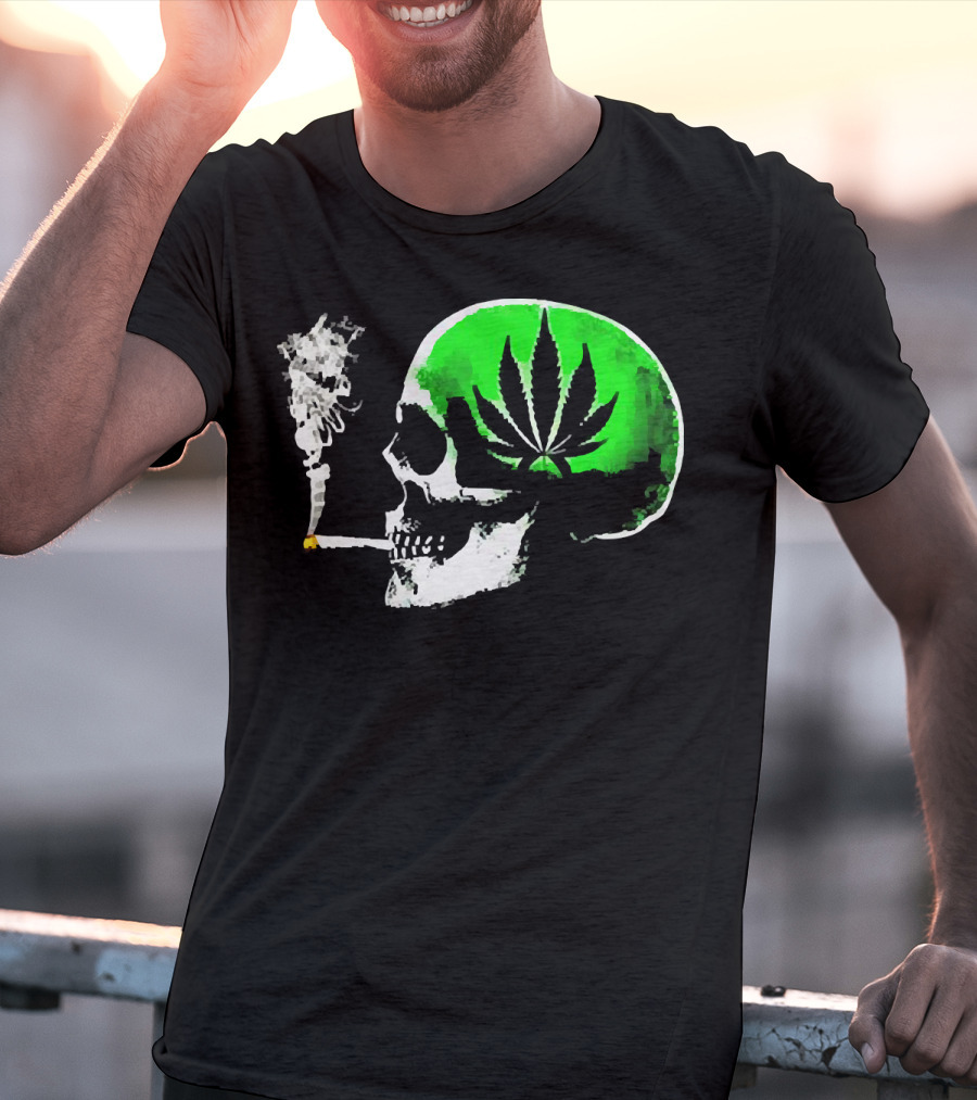 Weed Leaves Skull Smoking Joint Green Marijuana T-Shirt