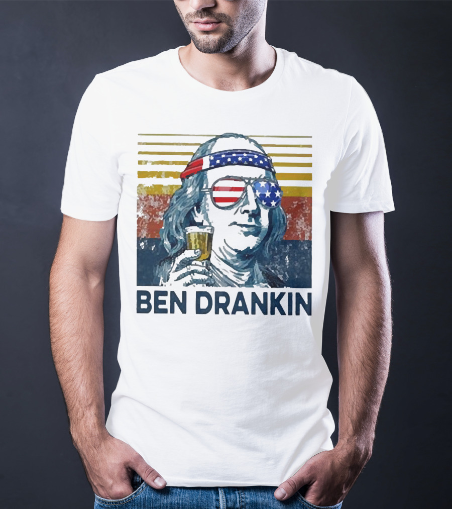 Ben Drankin Beer American Flag Sunglasses Patriotic Benjamin Franklin T-Shirt