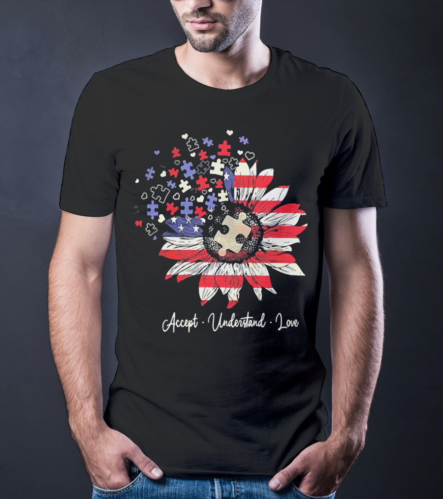 Accept Understand Love Autism Sunflower American Flag Puzzle Pieces T-Shirt