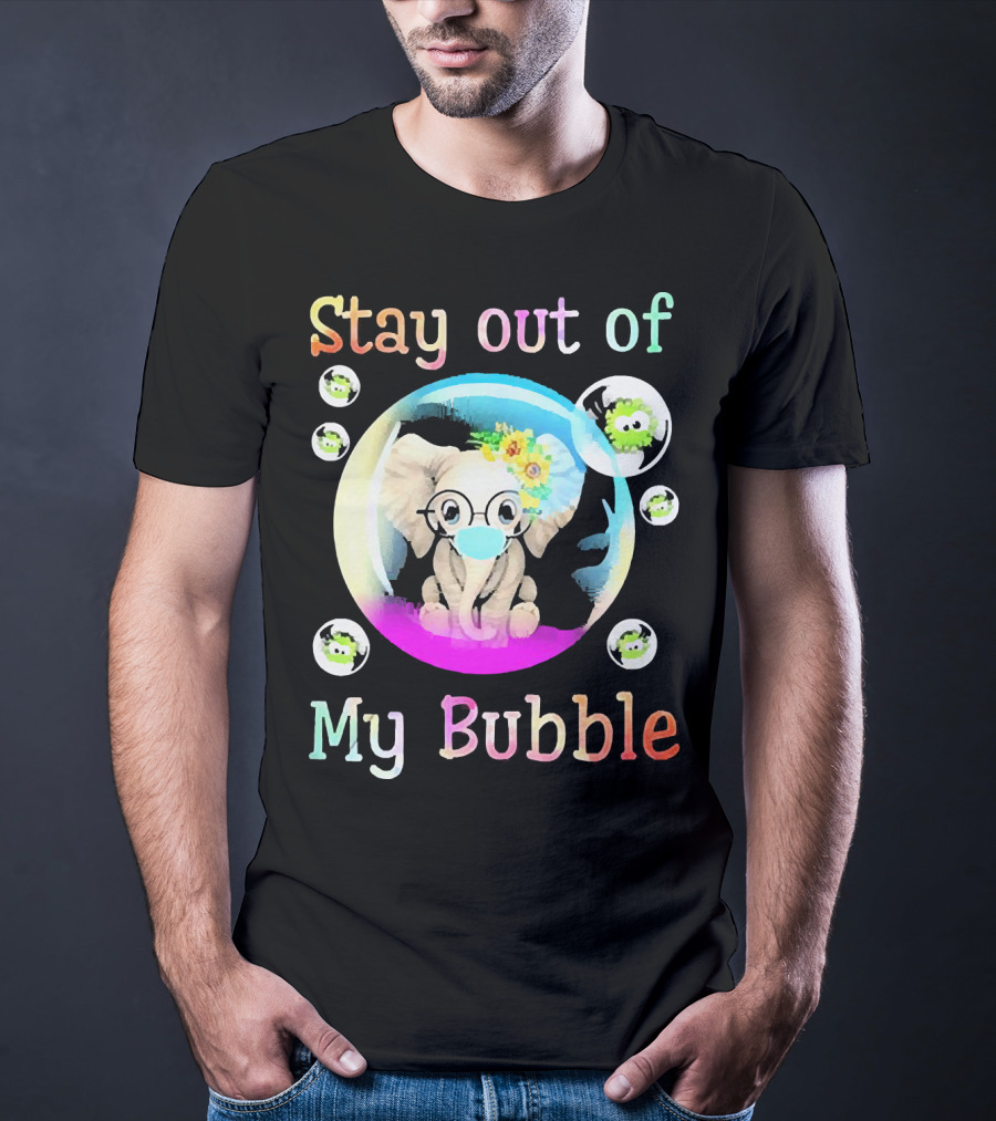 Stay Out Of My Bubble Elephant Cartoon With Face Mask And Virus Icons T-Shirt