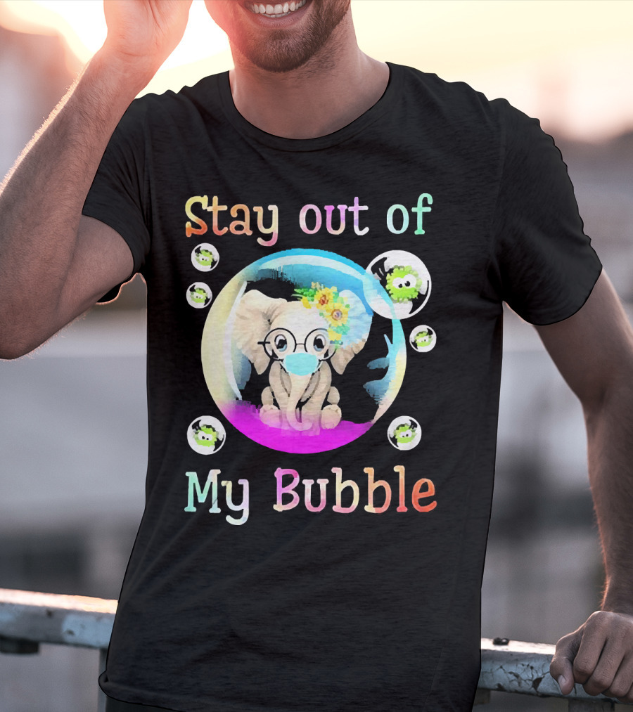 Stay Out Of My Bubble Elephant Cartoon With Face Mask And Virus Icons T-Shirt