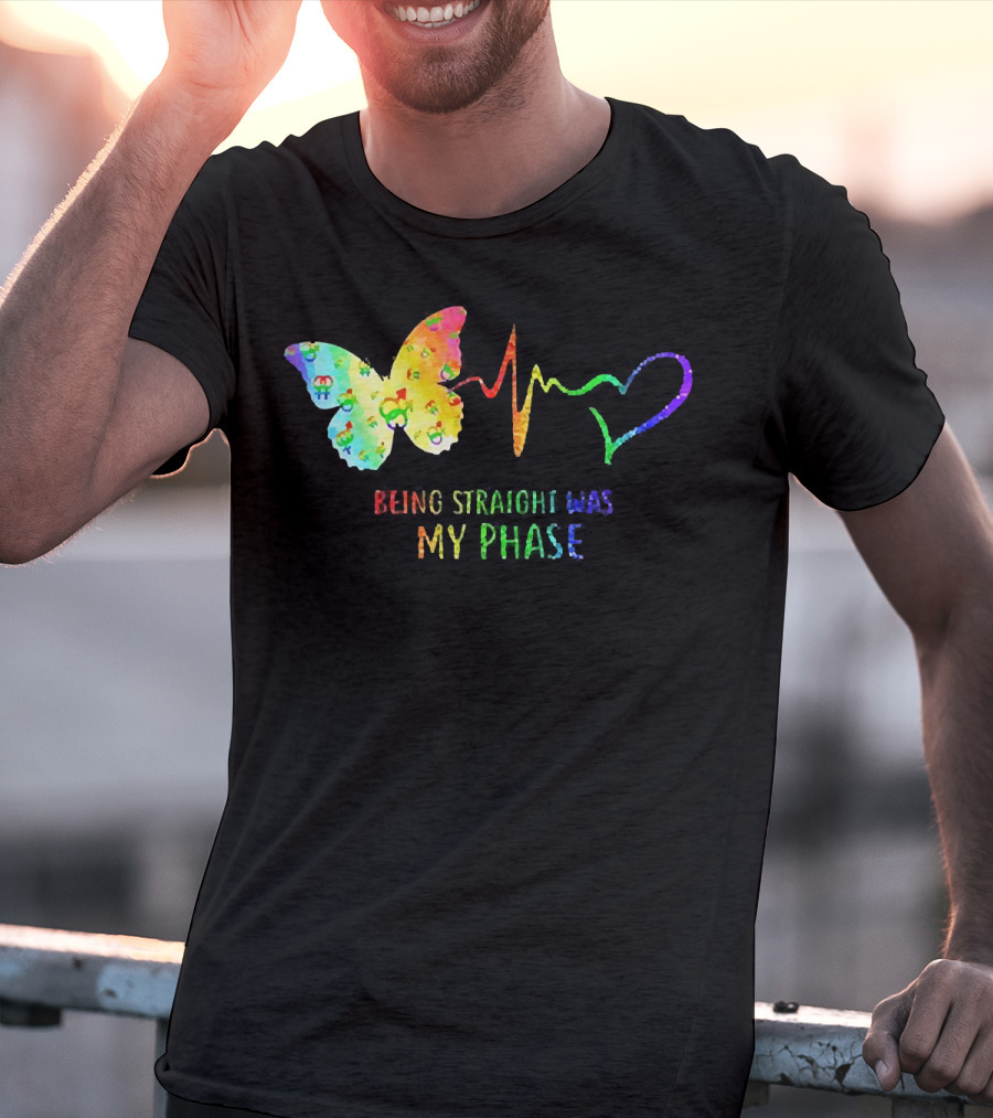 Being Straight Was My Phase Heartbeat Butterfly Rainbow T-Shirt