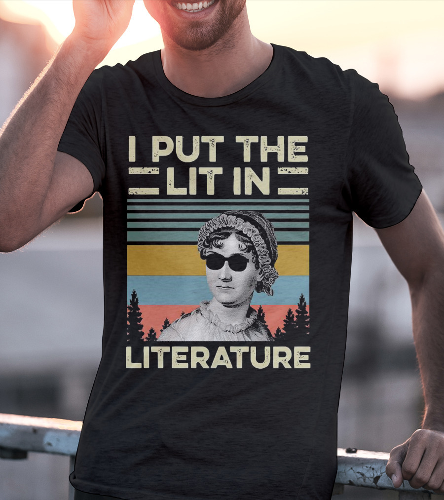 I Put The Lit In Literature Jane Austen Vintage Sunglasses Retro Forest Stripes T-Shirt
