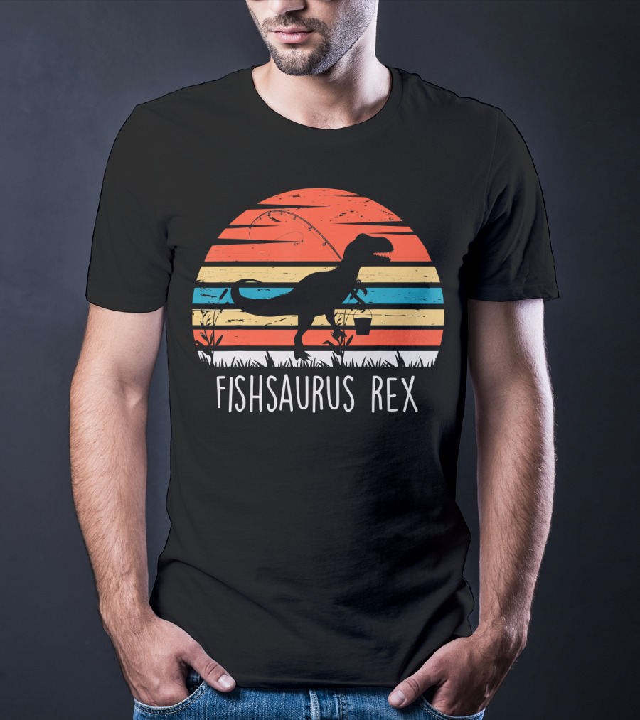 Fishsaurus Rex Dinosaur Vintage Fishing Sunset T-Shirt