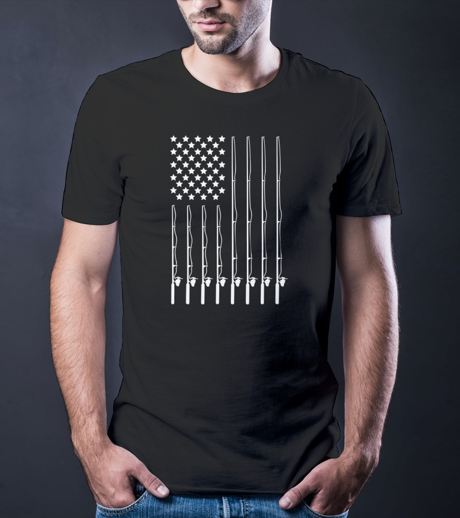 Fishing Pole Stars And Stripes American Flag Patriotic Outdoorsman T-Shirt