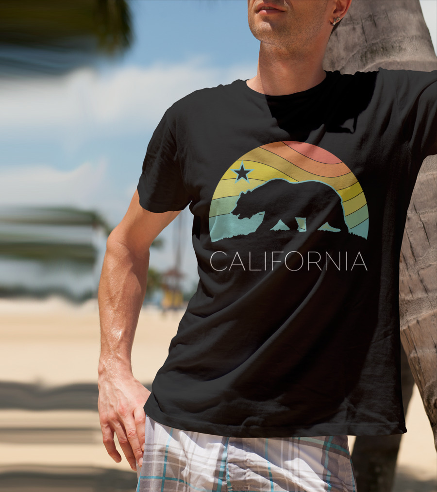 Retro California Bear Vintage Beach Cali Pride Surf 70s 80s Star Rainbow T-Shirt
