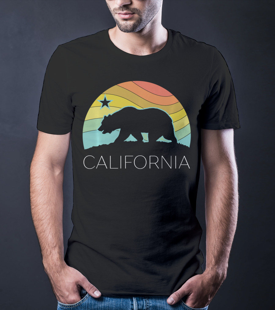 Retro California Bear Vintage Beach Cali Pride Surf 70s 80s Star Rainbow T-Shirt