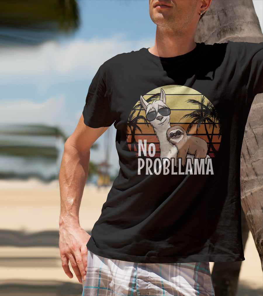 Retro Sunset Style Sloth Riding Llama With Sunglasses No ProbLlama T-Shirt