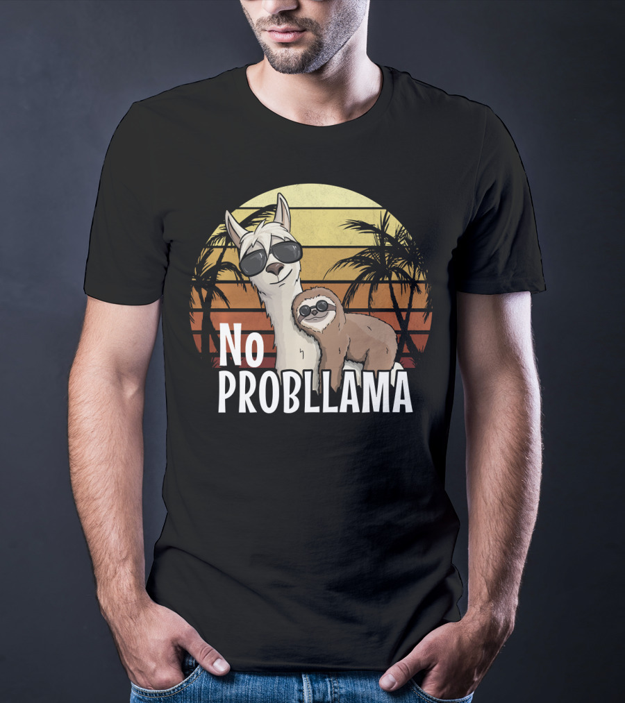 Retro Sunset Style Sloth Riding Llama With Sunglasses No ProbLlama T-Shirt