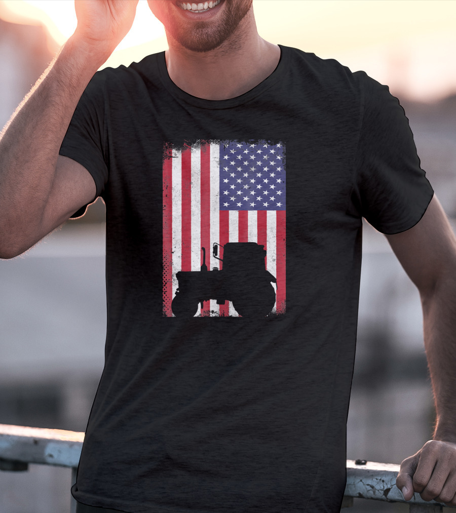 Patriotic American Flag With Vintage Tractor Farming T-Shirt