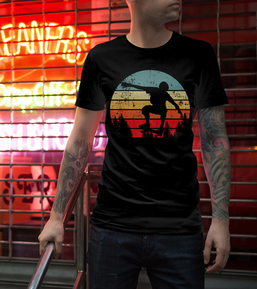 Trick Move Retro Vintage Skateboarder Silhouette Forest Sunset T-Shirt