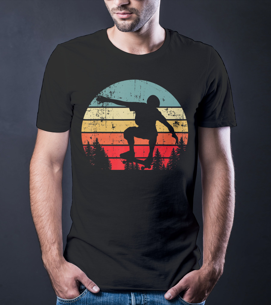Trick Move Retro Vintage Skateboarder Silhouette Forest Sunset T-Shirt
