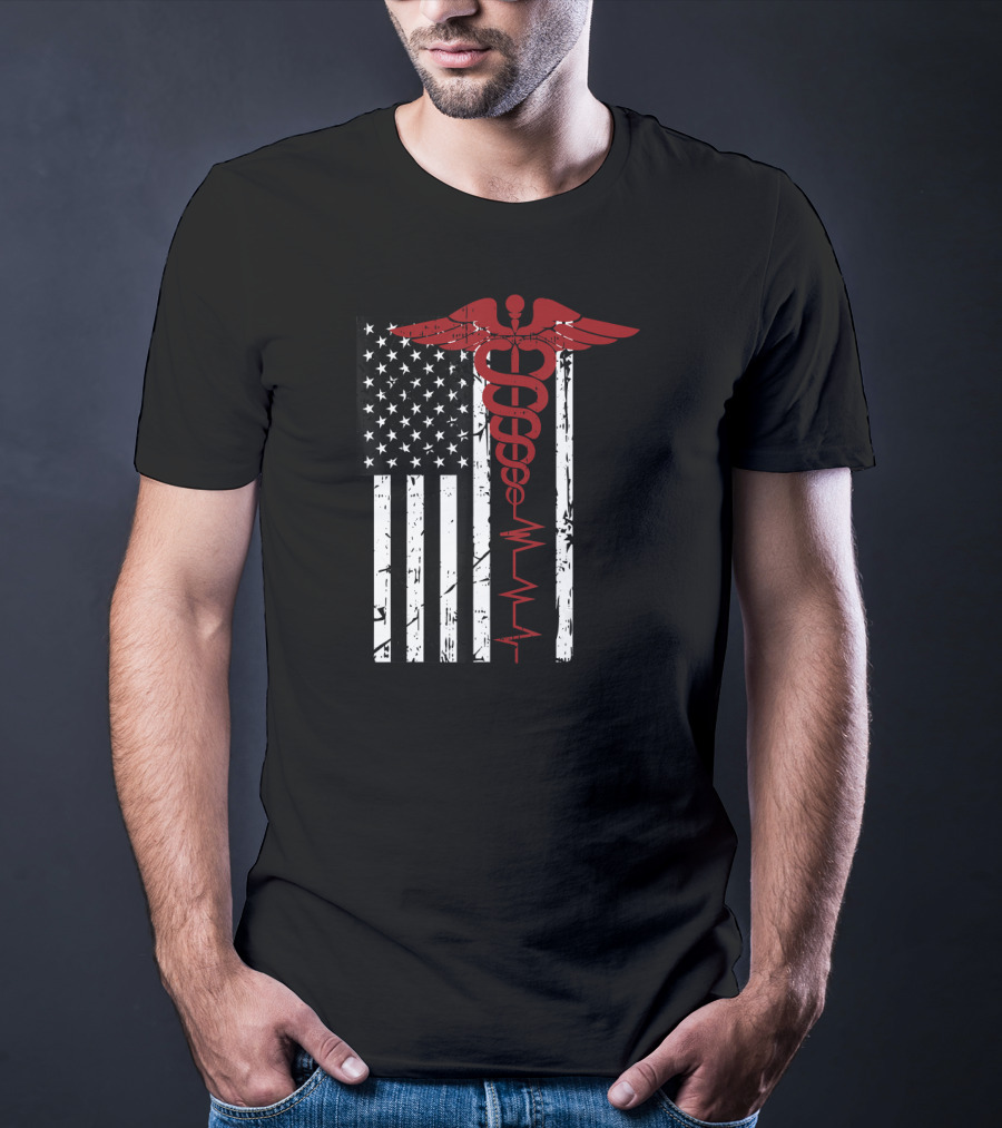 USA Flag Caduceus Medical Symbol Black Patriotic Nurse T-Shirt
