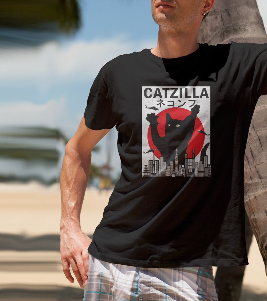 Catzilla Japanese Sunset Style Cat With Helicopter And Skyline Elements T-Shirt