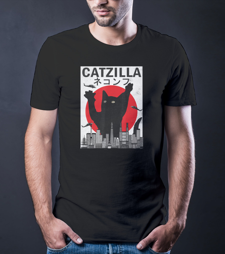 Catzilla Japanese Sunset Style Cat With Helicopter And Skyline Elements T-Shirt