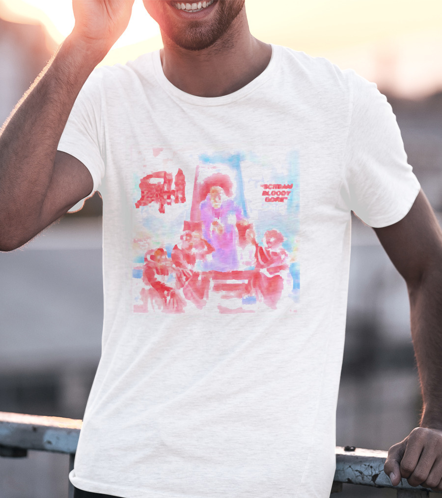 Death Scream Bloody Gore Album Art Scene Featuring Red Ruling Figure And Gathered Figures T-Shirt