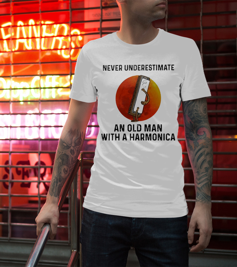 Never Underestimate An Old Man With A Harmonica Sunset Background T-Shirt