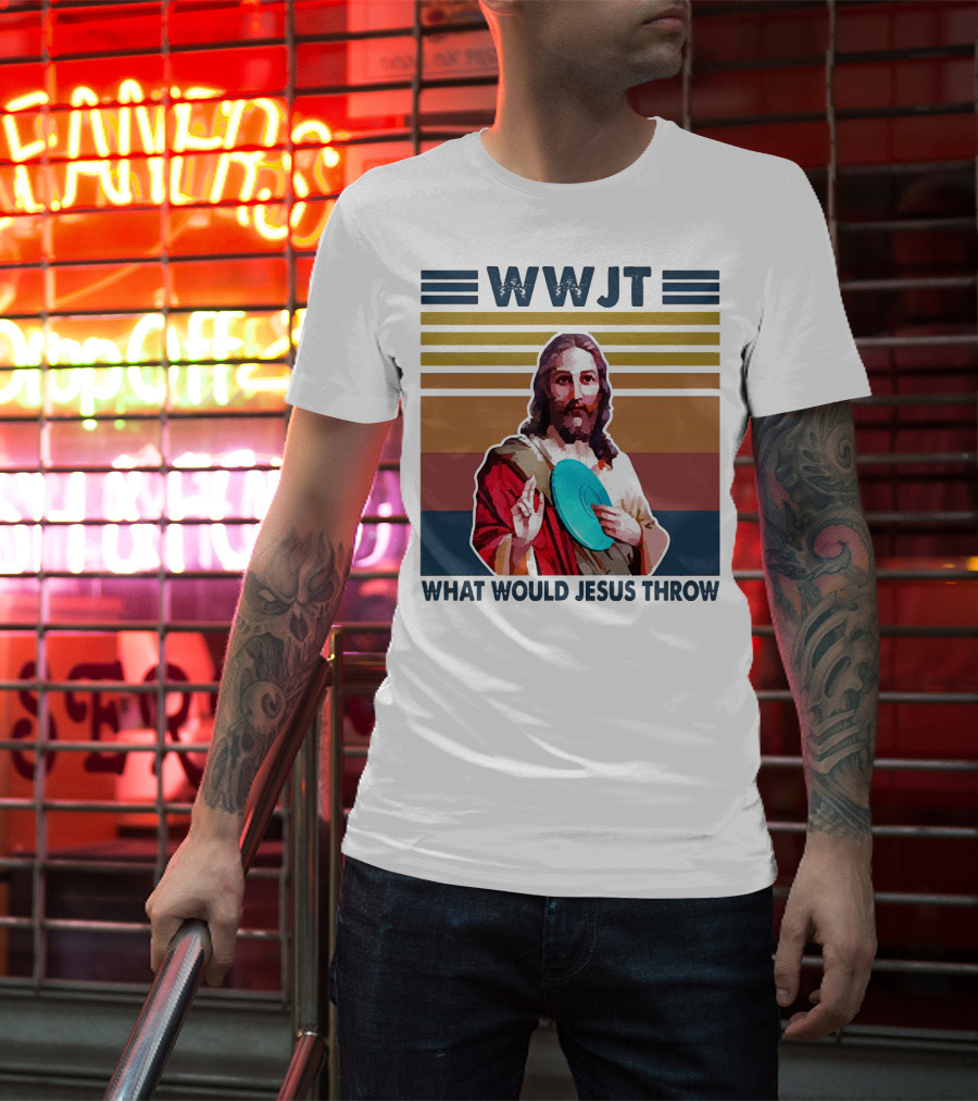 WWJT What Would Jesus Throw Disc Golf Frisbee Retro Stripes T-Shirt