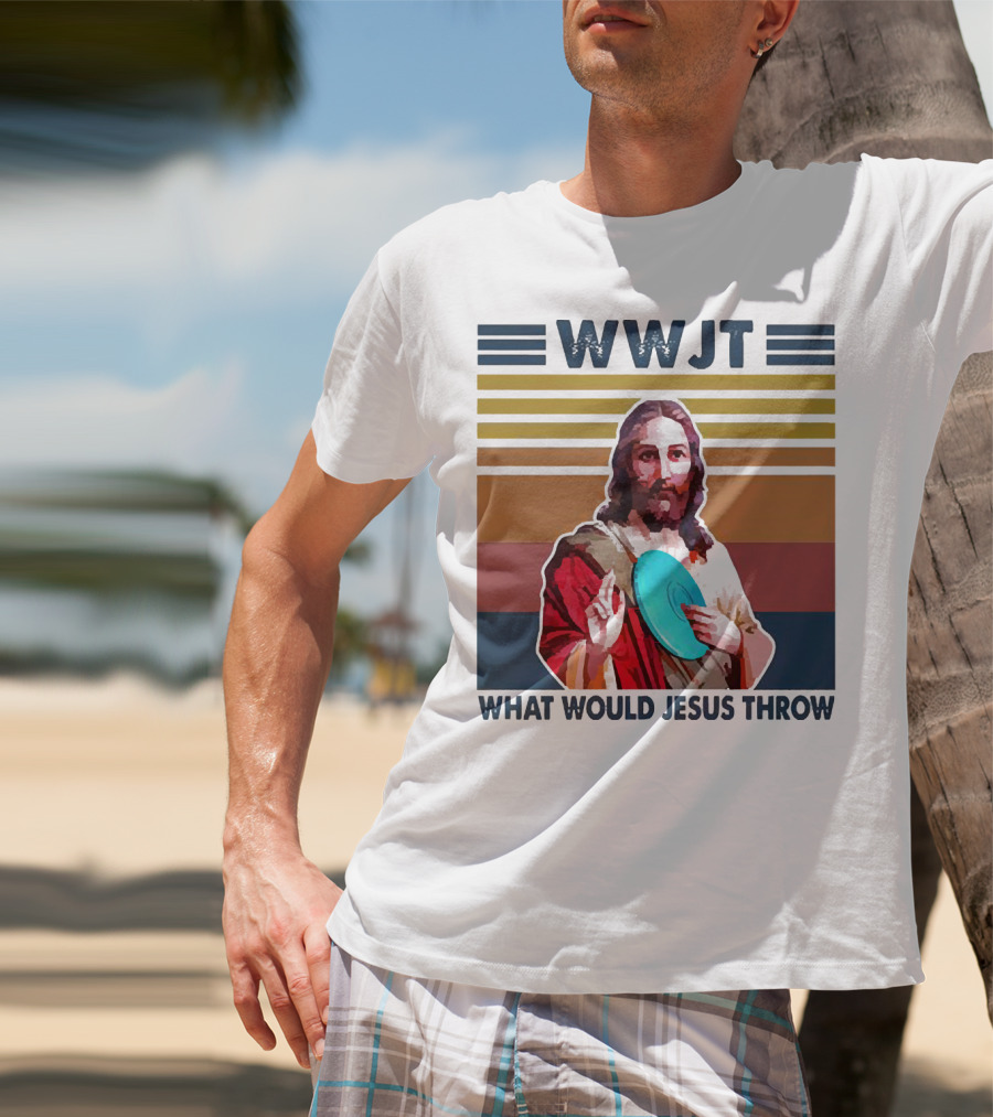 WWJT What Would Jesus Throw Disc Golf Frisbee Retro Stripes T-Shirt