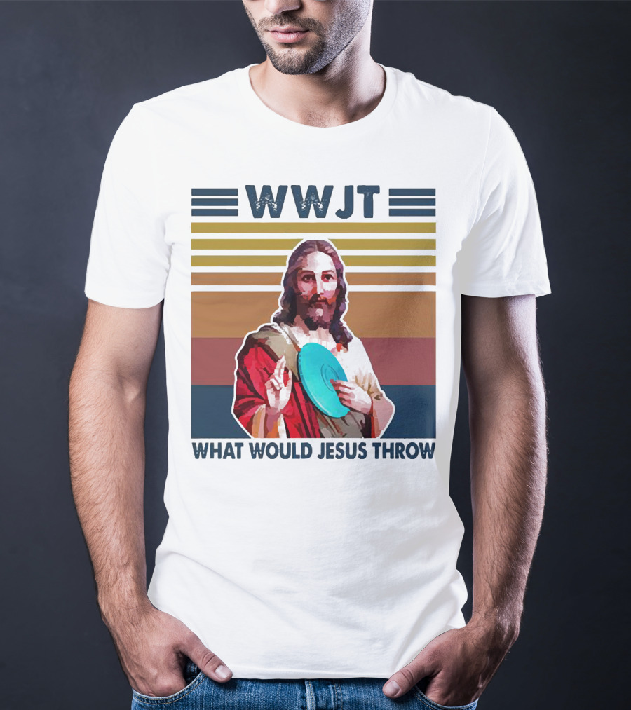 WWJT What Would Jesus Throw Disc Golf Frisbee Retro Stripes T-Shirt