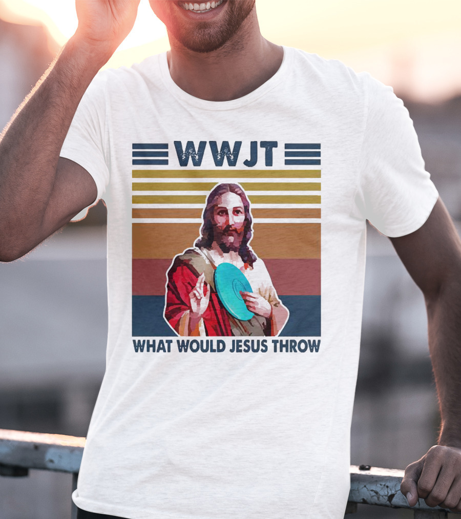 WWJT What Would Jesus Throw Disc Golf Frisbee Retro Stripes T-Shirt
