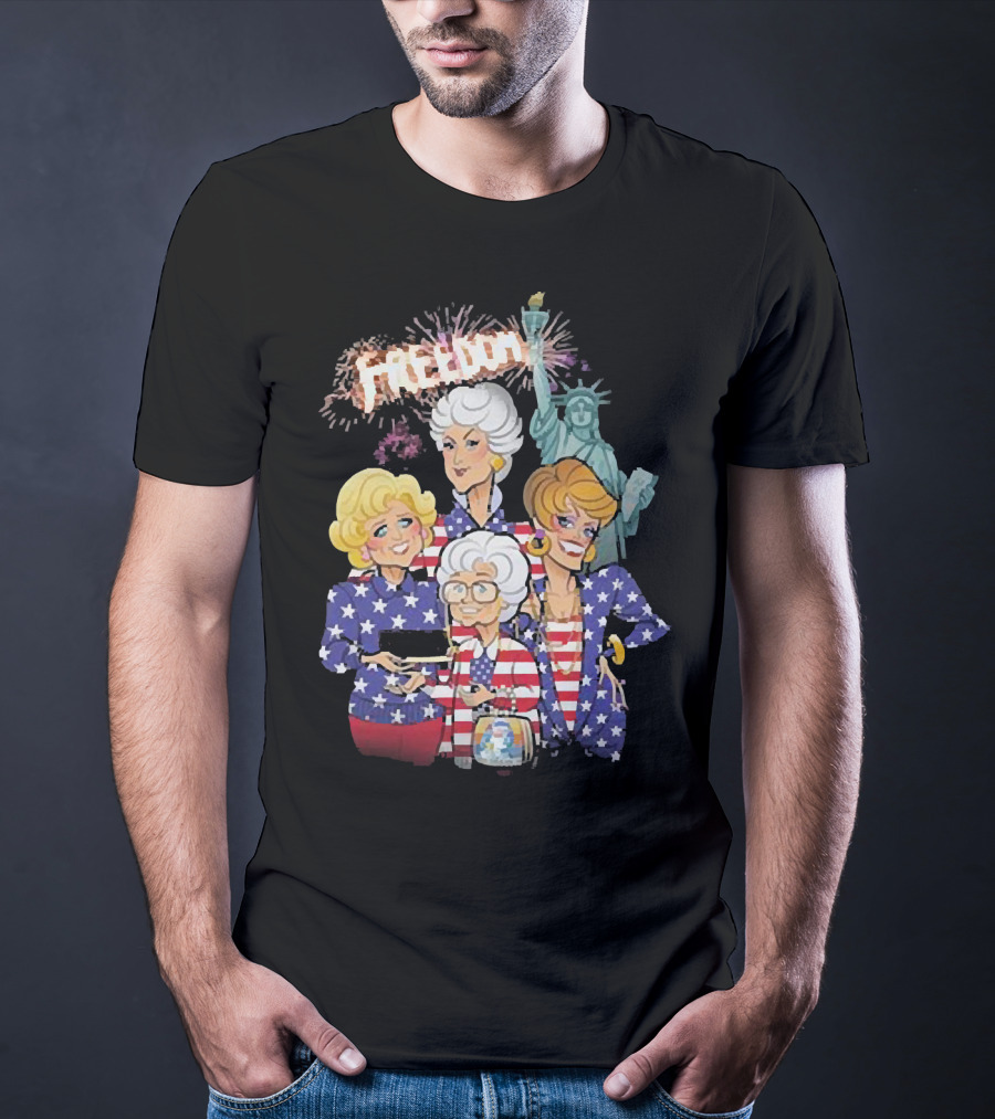 America Flag Golden Girls Freedom With Statue Of Liberty Fireworks T-Shirt