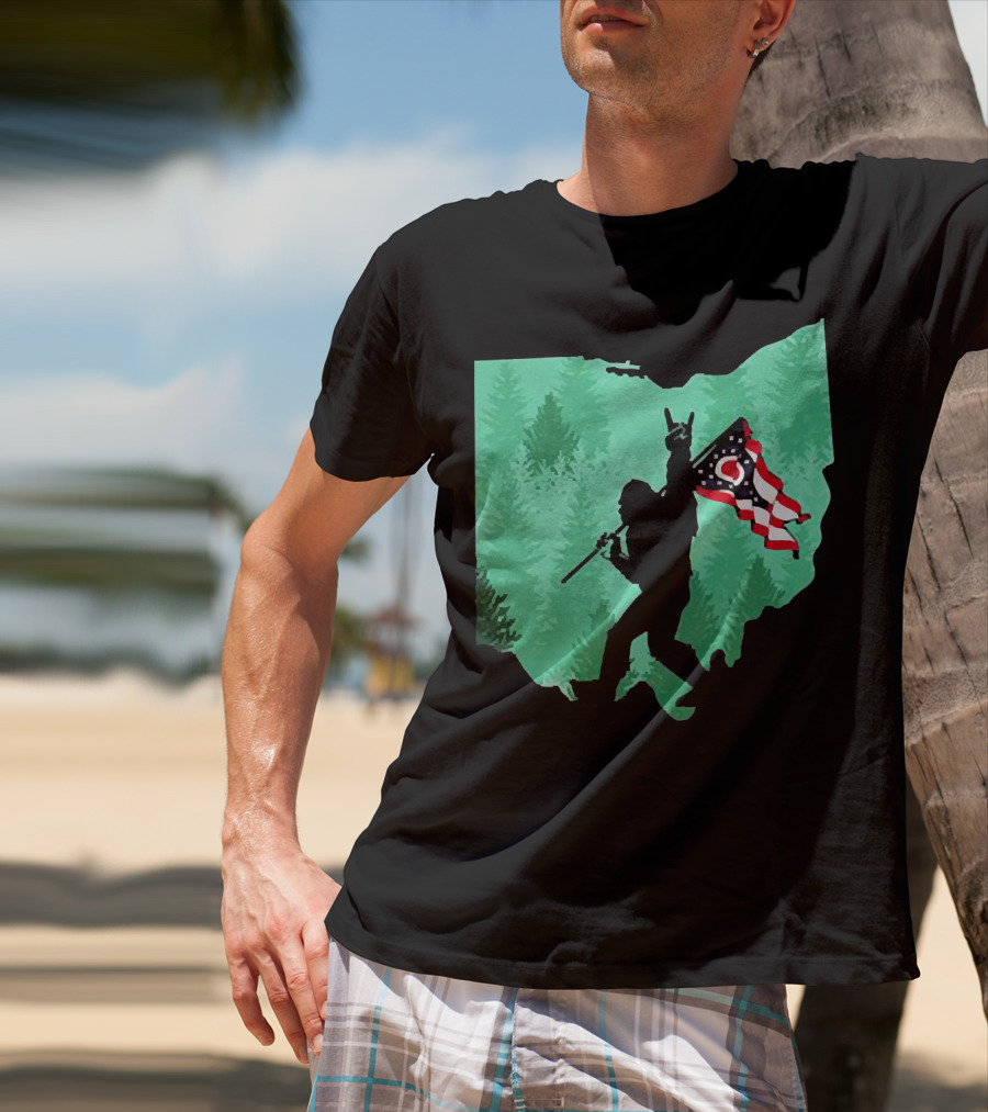 Bigfoot Rock And Roll Ohio State Silhouette With Flag Forest Background T-Shirt