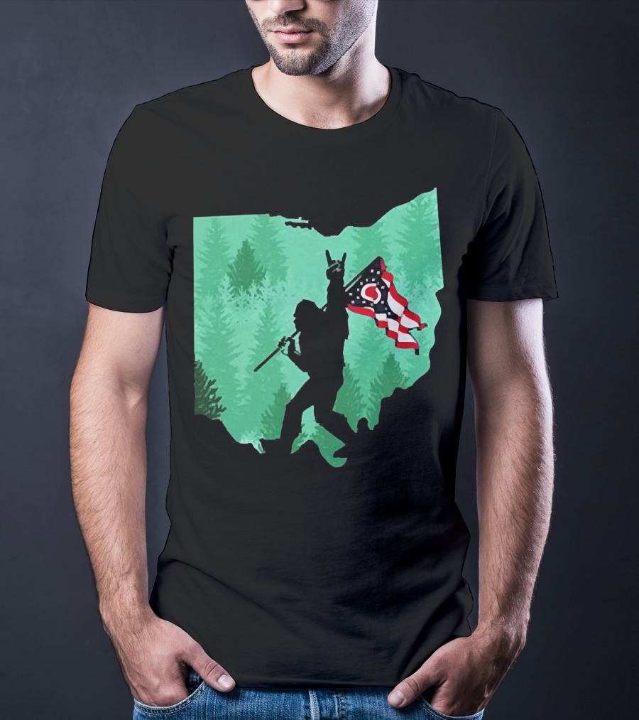 Bigfoot Rock And Roll Ohio State Silhouette With Flag Forest Background T-Shirt
