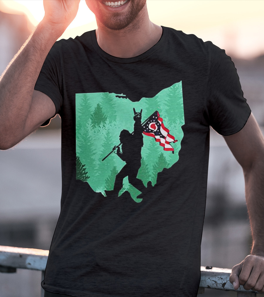 Bigfoot Rock And Roll Ohio State Silhouette With Flag Forest Background T-Shirt