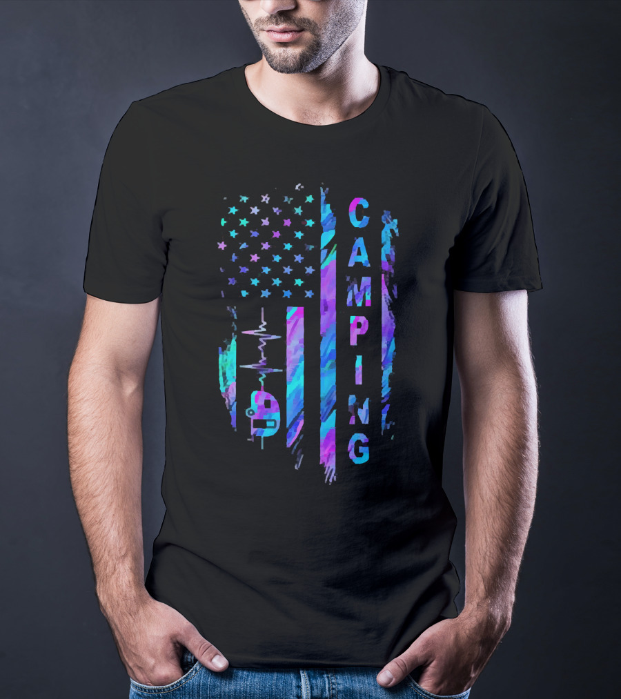 Camping American Flag Heartbeat Camper T-Shirt