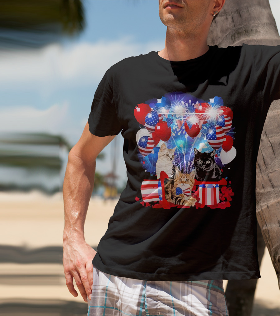 Cats Fireworks Balloons America Flag Happy Independence Day T-Shirt