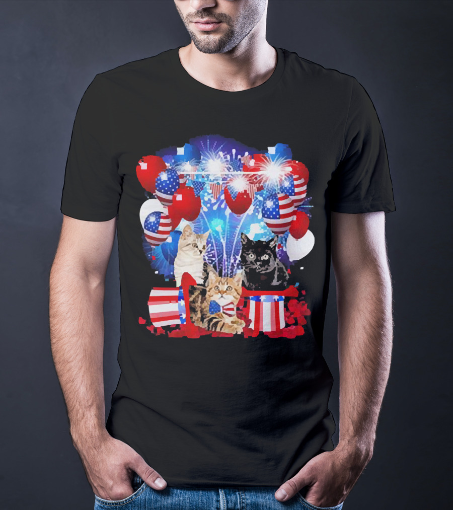Cats Fireworks Balloons America Flag Happy Independence Day T-Shirt