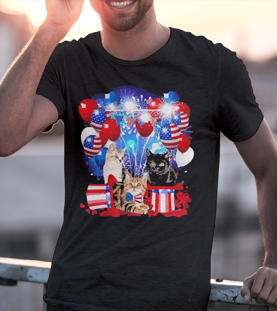 Cats Fireworks Balloons America Flag Happy Independence Day T-Shirt