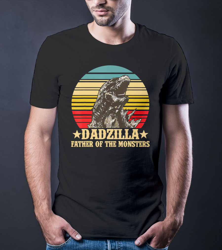 Dadzilla Father Of The Monsters Dinosaur Retro Sunset Stripe T-Shirt
