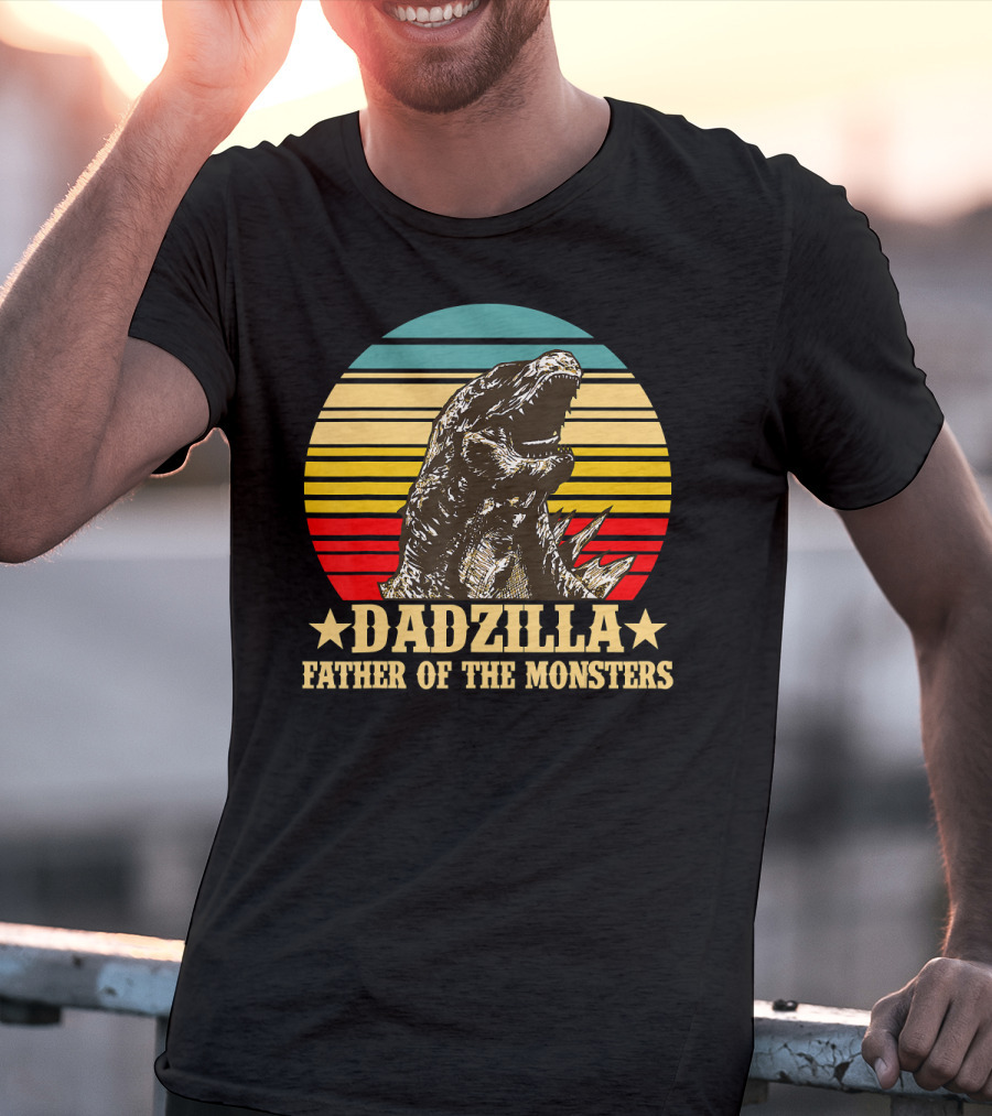 Dadzilla Father Of The Monsters Dinosaur Retro Sunset Stripe T-Shirt