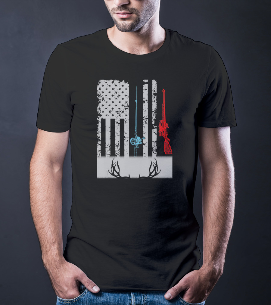 American Flag Fishing Rod Rifle Antlers T-Shirt