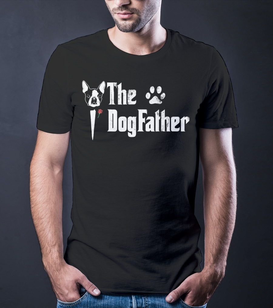 The Dogfather Boston Terrier Dad With Paw Print Icon And Rose T-Shirt