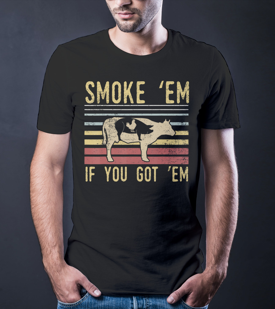 Retro BBQ Smoke 'Em If You Got 'Em Grilling Cow And Pig Silhouette Vintage Stripes T-Shirt